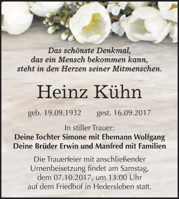 Traueranzeige von Heinz Kühn von WVG - Wochenspiegel Quedlinburg