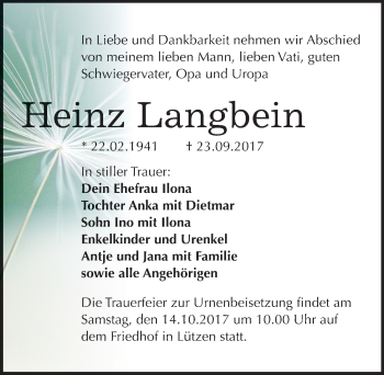 Traueranzeige von Heinz Langbein von Mitteldeutsche Zeitung Weißenfels