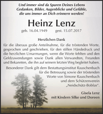 Traueranzeige von Heinz Lenz von WVG - Wochenspiegel NMB / WSF / ZTZ