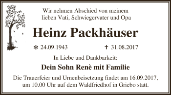 Traueranzeige von Heinz Packhäuser von WVG - Wochenspiegel Dessau / Köthen