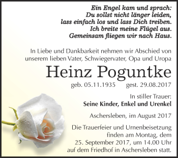 Traueranzeige von Heinz Poguntke von Super Sonntag Aschersleben