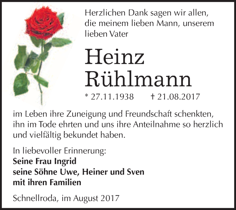  Traueranzeige für Heinz Rühlmann vom 02.09.2017 aus WVG - Wochenspiegel Merseburg