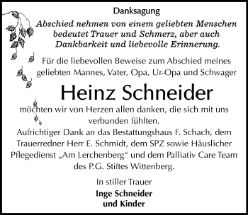 Traueranzeige von Heinz Schneider von Mitteldeutsche Zeitung Wittenberg
