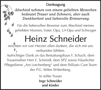 Traueranzeige von Heinz Schneider von Super Sonntag Wittenberg