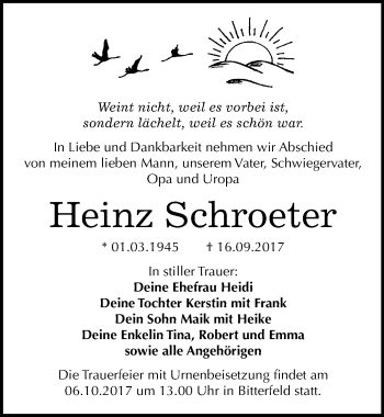 Traueranzeige von Heinz Schroeter von Mitteldeutsche Zeitung Bitterfeld