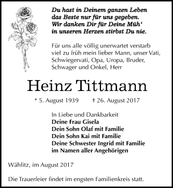 Traueranzeige von Heinz Tittmann von Mitteldeutsche Zeitung Weißenfels