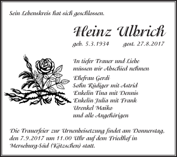 Traueranzeige von Heinz Ulbrich von WVG - Wochenspiegel Merseburg