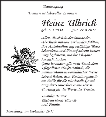 Traueranzeige von Heinz Ulbrich von WVG - Wochenspiegel Merseburg