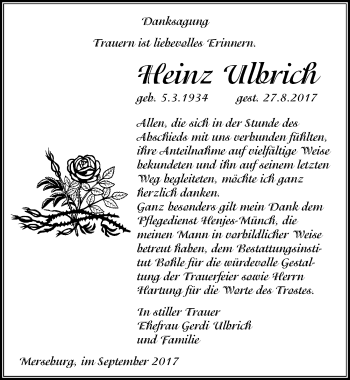 Traueranzeige von Heinz Ulbrich von Mitteldeutsche Zeitung Merseburg/Querfurt