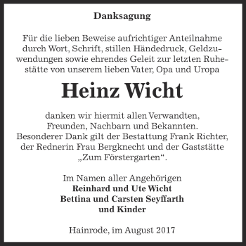 Traueranzeige von Heinz Wicht von Super Sonntag SGH Mansf. Land
