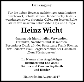Traueranzeige von Heinz Wicht von Mitteldeutsche Zeitung Sangerhausen