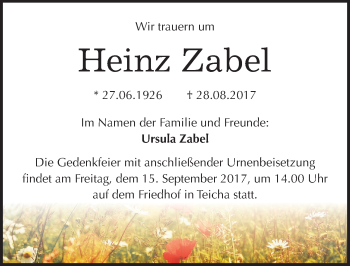 Traueranzeige von Heinz Zabel von Mitteldeutsche Zeitung Halle/Saalkreis