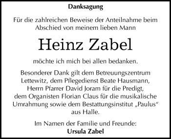Traueranzeige von Heinz Zabel von Mitteldeutsche Zeitung Halle/Saalkreis