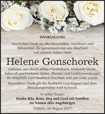 Traueranzeige von Helene Gonschorek von Mitteldeutsche Zeitung Merseburg/Querfurt