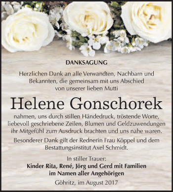 Traueranzeige von Helene Gonschorek von WVG - Wochenspiegel Merseburg