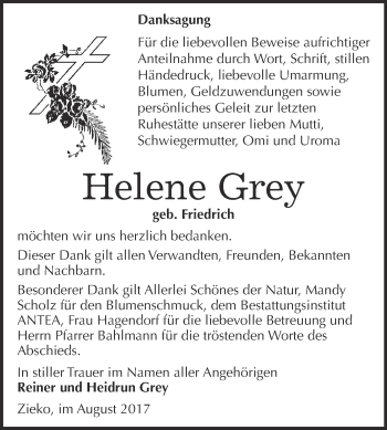 Traueranzeige von Helene Grey von Super Sonntag Wittenberg