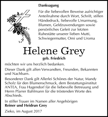 Traueranzeige von Helene Grey von Mitteldeutsche Zeitung Wittenberg