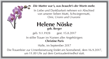 Traueranzeige von Helene Nöske von Mitteldeutsche Zeitung Halle/Saalkreis