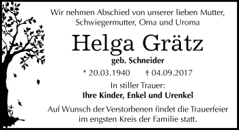Traueranzeige von Helga Grätz von Mitteldeutsche Zeitung Dessau-Roßlau