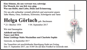 Traueranzeige von Helga Görlach von WVG - Wochenspiegel Quedlinburg