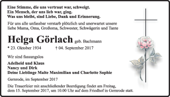 Traueranzeige von Helga Görlach von Mitteldeutsche Zeitung Quedlinburg
