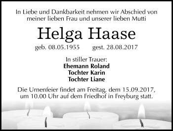 Traueranzeige von Helga Haase von Mitteldeutsche Zeitung Naumburg/Nebra
