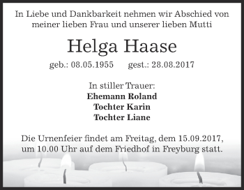 Traueranzeige von Helga Haase von WVG - Wochenspiegel NMB / WSF / ZTZ