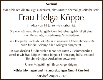 Traueranzeige von Helga Köppe von WVG - Wochenspiegel NMB / WSF / ZTZ