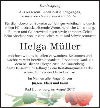 Traueranzeige von Helga Müller von Mitteldeutsche Zeitung Merseburg/Querfurt