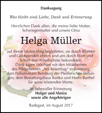 Traueranzeige von Helga Müller von WVG - Wochenspiegel Dessau / Köthen