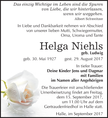 Traueranzeige von Helga Niehls von Mitteldeutsche Zeitung Halle/Saalkreis