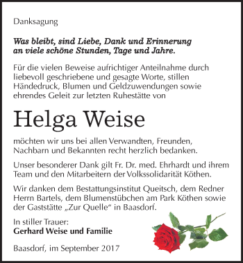 Traueranzeige von Helga Weise von Mitteldeutsche Zeitung Köthen