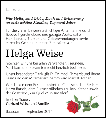 Traueranzeige von Helga Weise von WVG - Wochenspiegel Dessau / Köthen