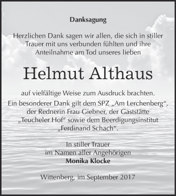 Traueranzeige von Helmut Althaus von WVG - Wochenspiegel Wittenberg