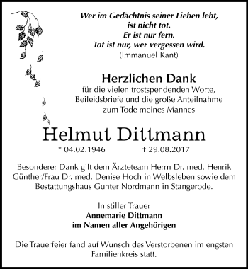 Traueranzeige von Helmut Dittmann von Mitteldeutsche Zeitung Mansfelder Land