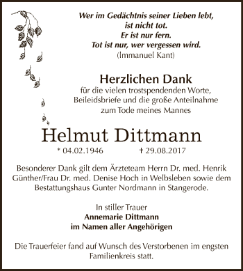 Traueranzeige von Helmut Dittmann von Wochenspiegel Mansfelder Land