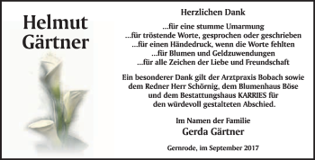 Traueranzeige von Helmut Gärtner von WVG - Wochenspiegel Quedlinburg