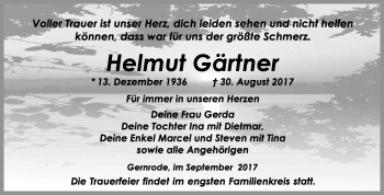 Traueranzeige von Helmut Gärtner von WVG - Wochenspiegel Quedlinburg