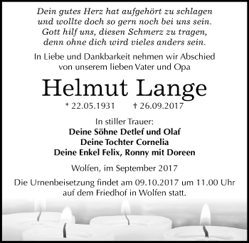 Traueranzeige von Helmut Lange von Mitteldeutsche Zeitung Bitterfeld
