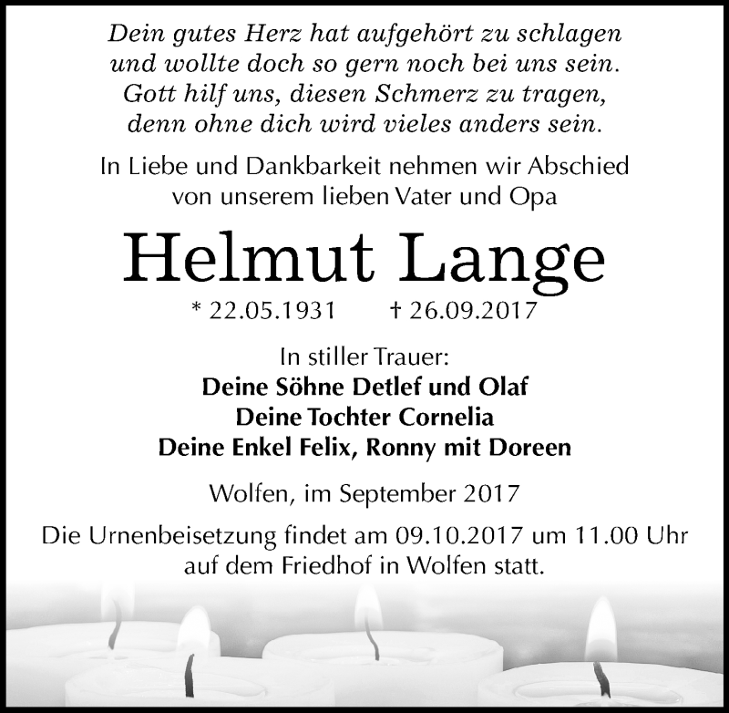  Traueranzeige für Helmut Lange vom 30.09.2017 aus Mitteldeutsche Zeitung Bitterfeld