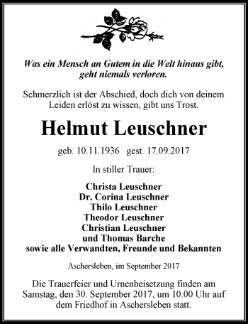 Traueranzeige von Helmut Leuschner von Mitteldeutsche Zeitung Aschersleben