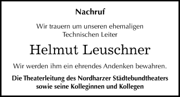 Traueranzeige von Helmut Leuschner von Mitteldeutsche Zeitung Quedlinburg