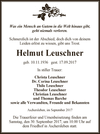 Traueranzeige von Helmut Leuschner von Super Sonntag Aschersleben