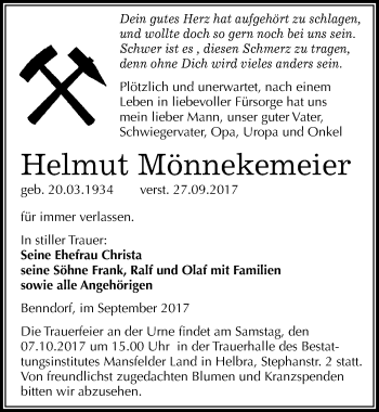 Traueranzeige von Helmut Mönnekemeier von Mitteldeutsche Zeitung Mansfelder Land