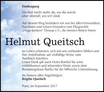 Traueranzeige von Helmut Queitsch von WVG - Wochenspiegel Dessau / Köthen