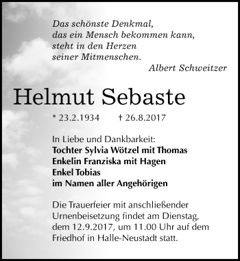 Traueranzeige von Helmut Sebaste von Mitteldeutsche Zeitung Halle/Saalkreis