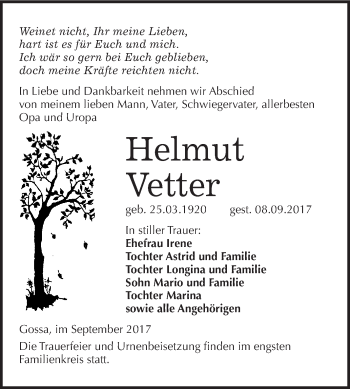 Traueranzeige von Helmut Vetter von WVG - Wochenspiegel Bitterfeld