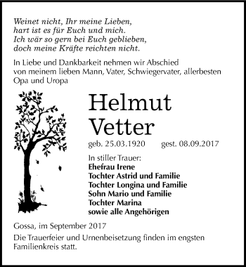 Traueranzeige von Helmut Vetter von Mitteldeutsche Zeitung Bitterfeld