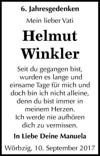 Traueranzeige von Helmut Winkler von Mitteldeutsche Zeitung Köthen