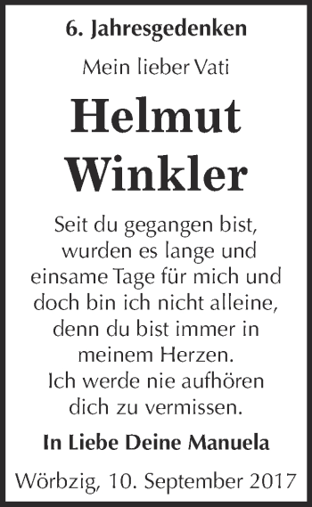 Traueranzeige von Helmut Winkler von WVG - Wochenspiegel Dessau / Köthen